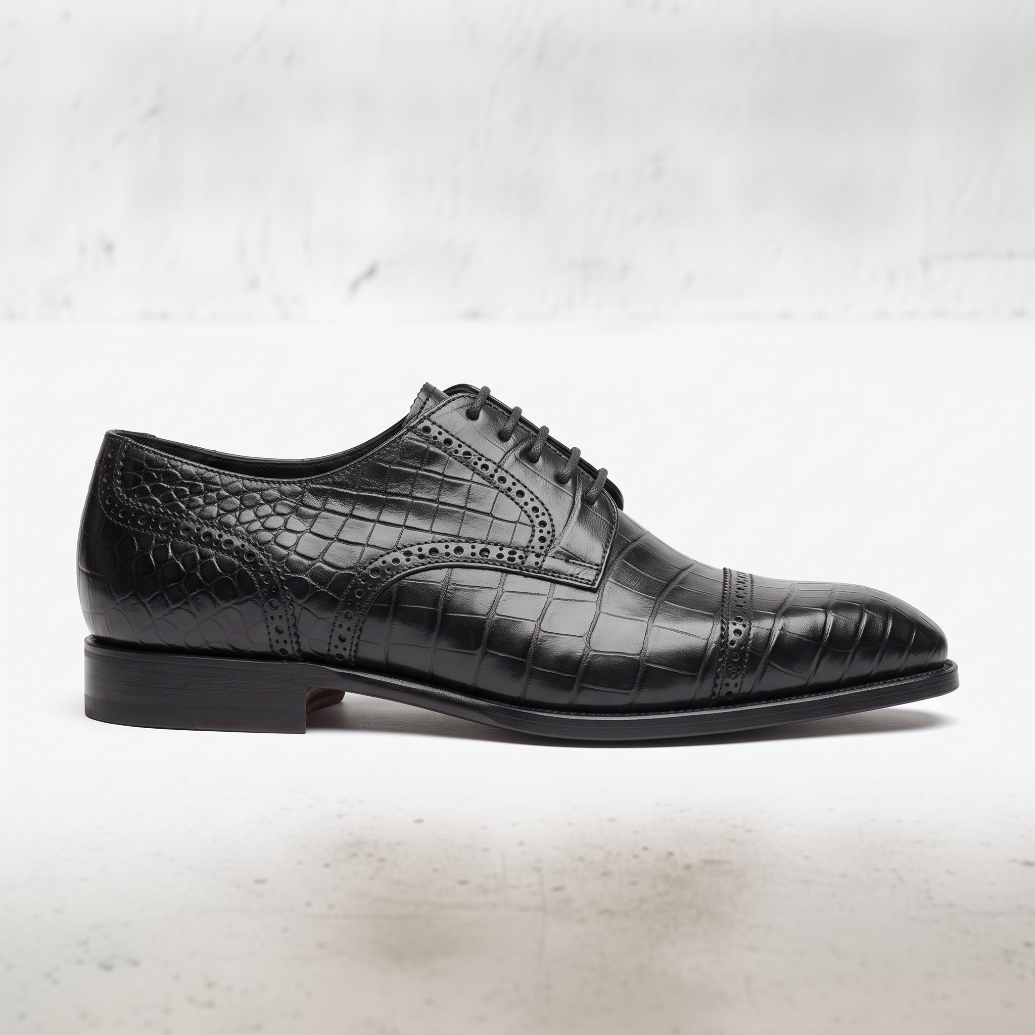 Black Crocodile-Embossed Leather Cap-Toe Derbies — Ayleson
