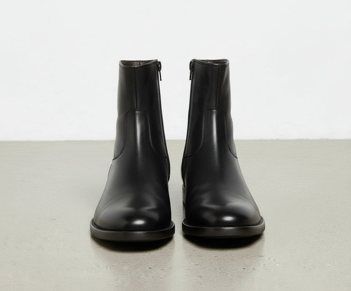 Black-Handcrafted Antique Leather Biker Boots with Side Zipper-front-view