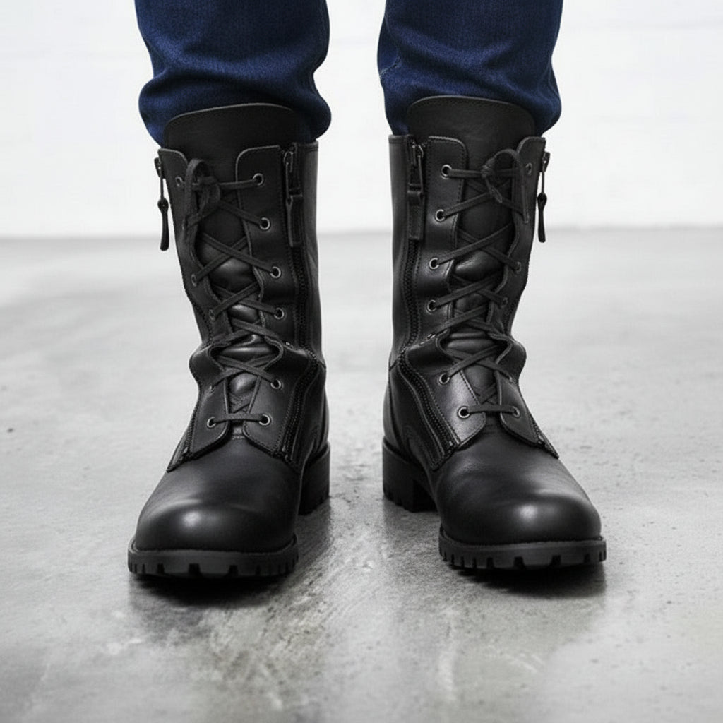 Handmade Men Side zipper Lace up Biker boots, Men antique brown