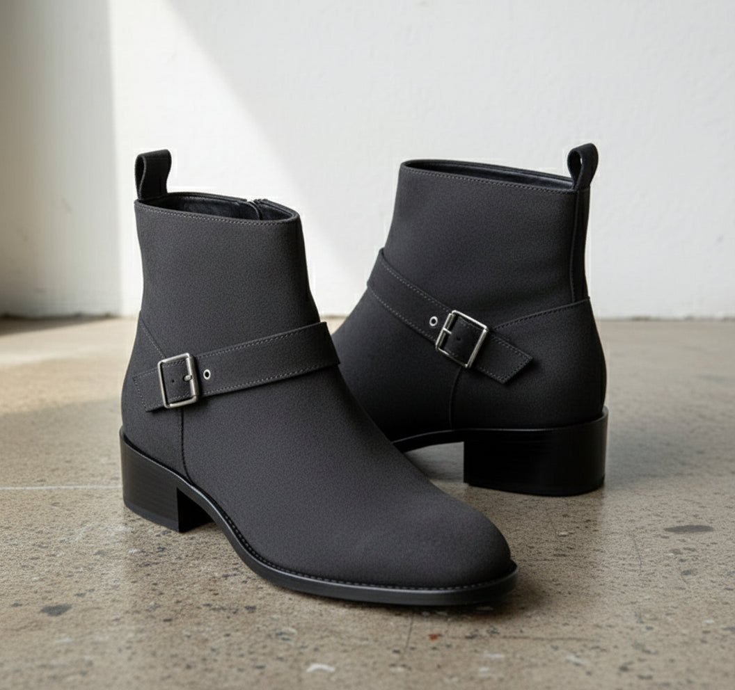 Black-Handmade Men Dark Suede Casual Biker Boots, Mens Boot-angle-view-showing-depth