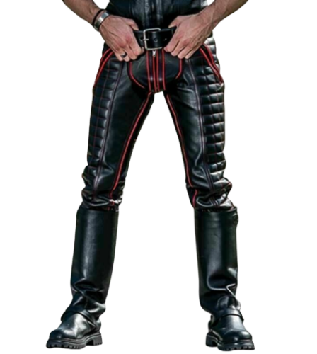 Black pant Cow Leather Red Strip Jeans Style Fashion pant Double Zip