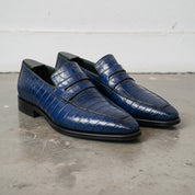 Blue Alligator-Embossed Leather Penny Loafers — Kingsley