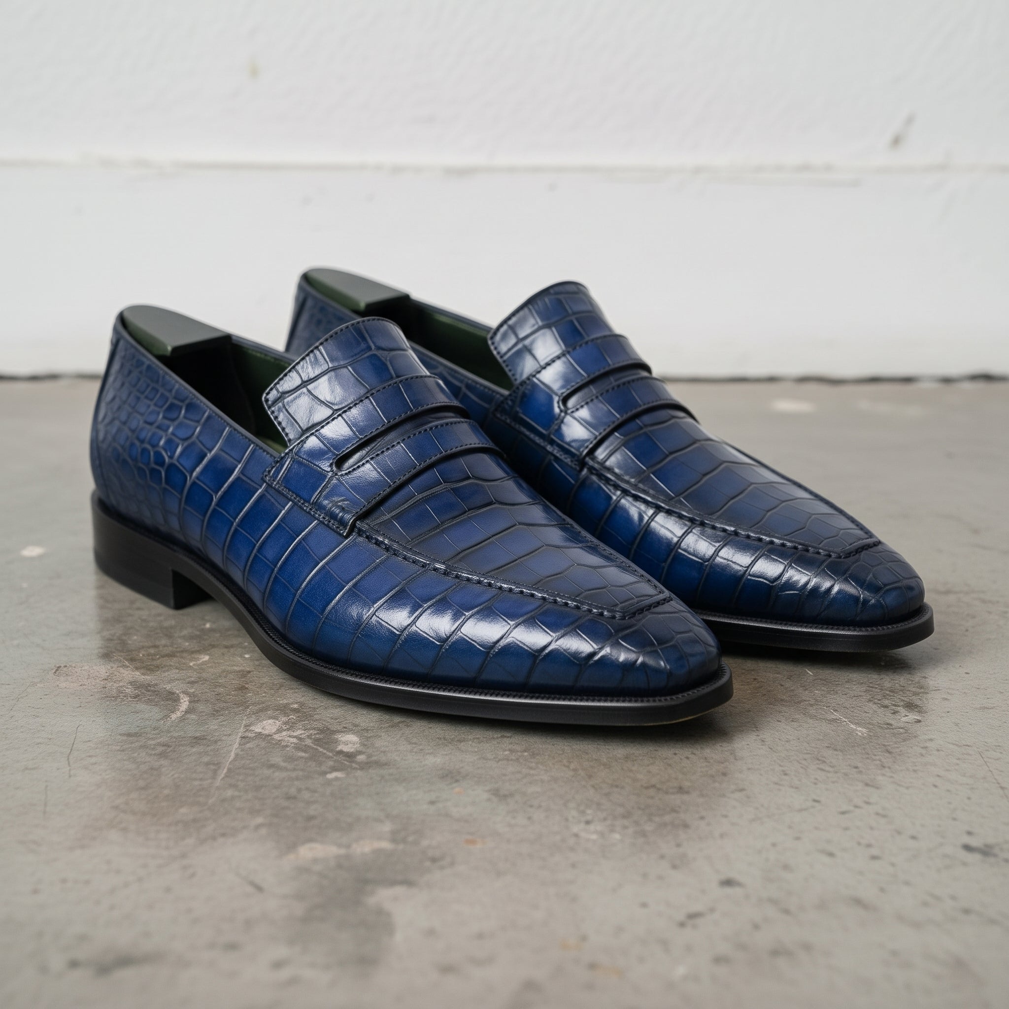Blue Alligator-Embossed Leather Penny Loafers — Kingsley