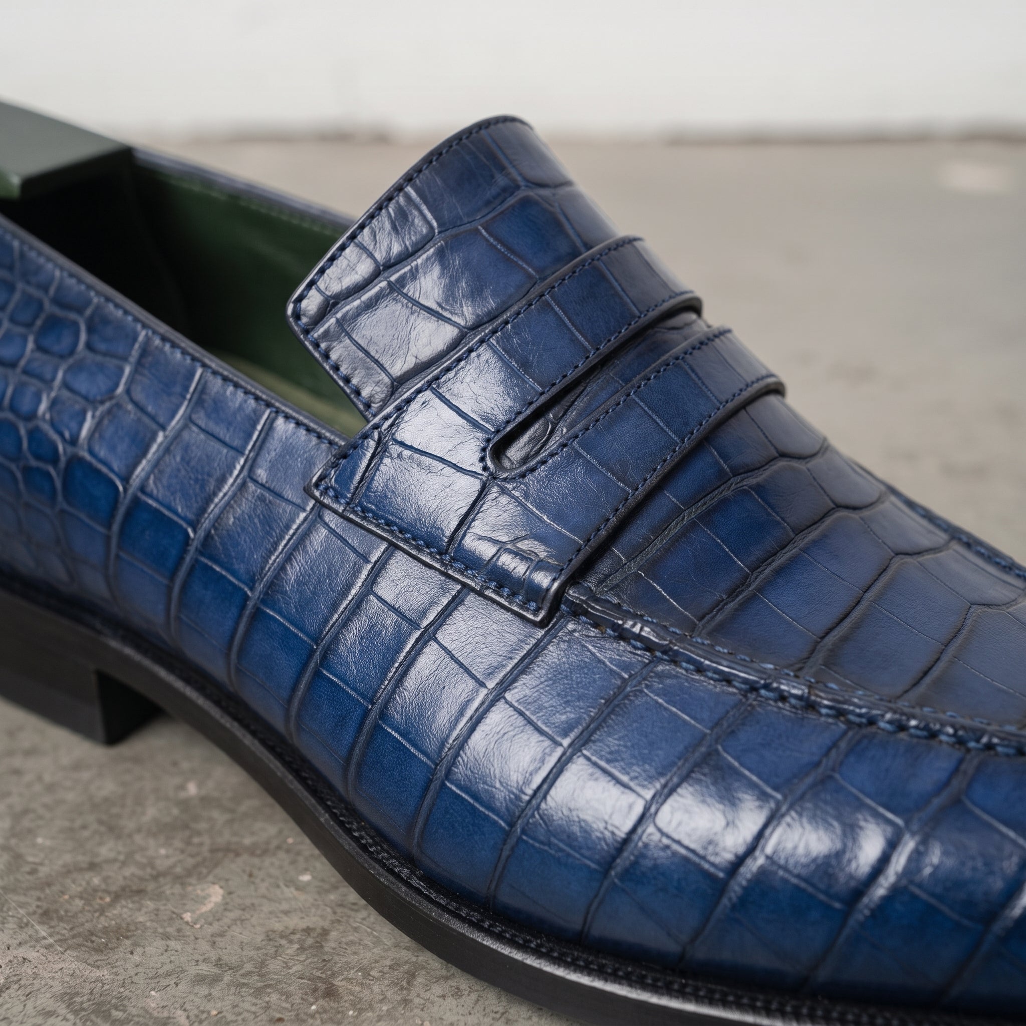 Blue Alligator-Embossed Leather Penny Loafers — Kingsley