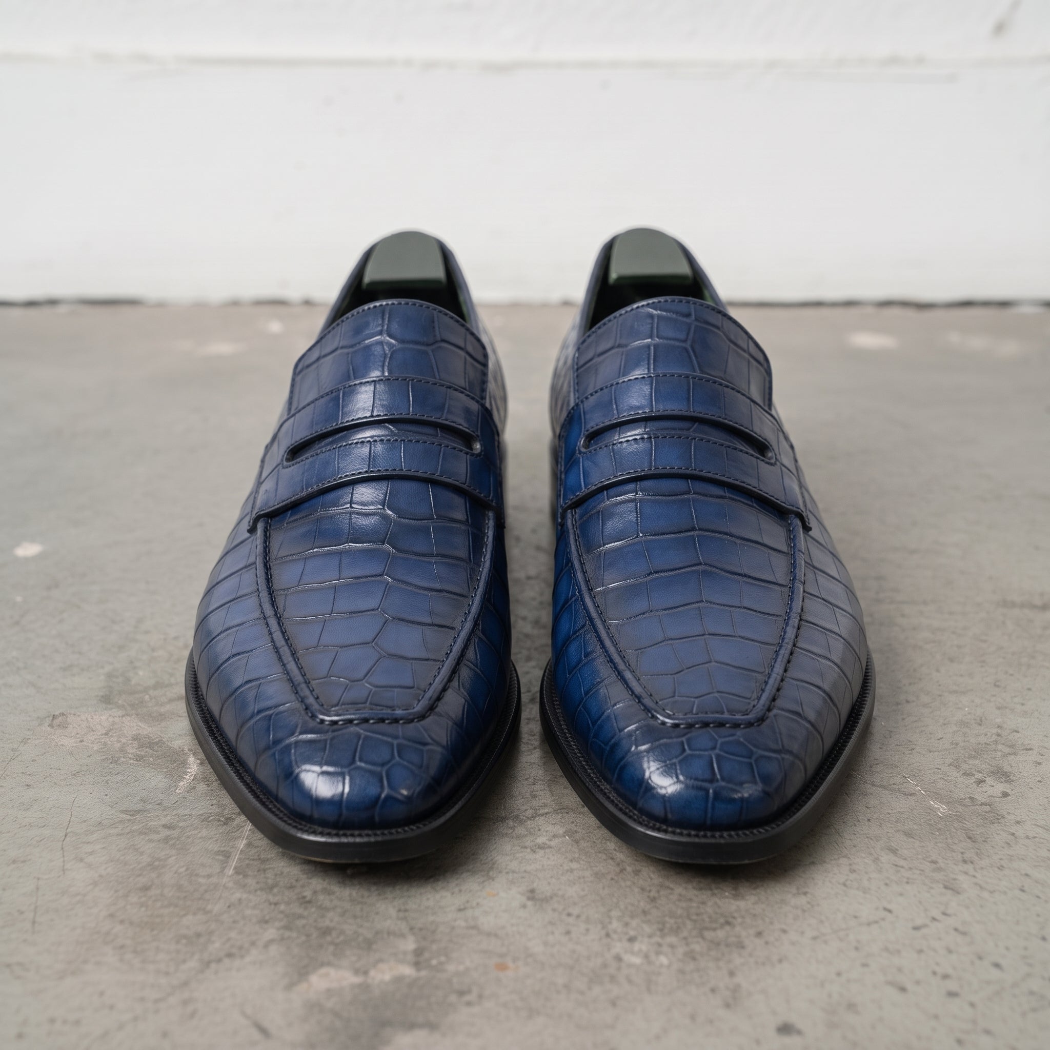Blue Alligator-Embossed Leather Penny Loafers — Kingsley
