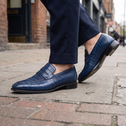 Blue Alligator-Embossed Leather Penny Loafers — Kingsley
