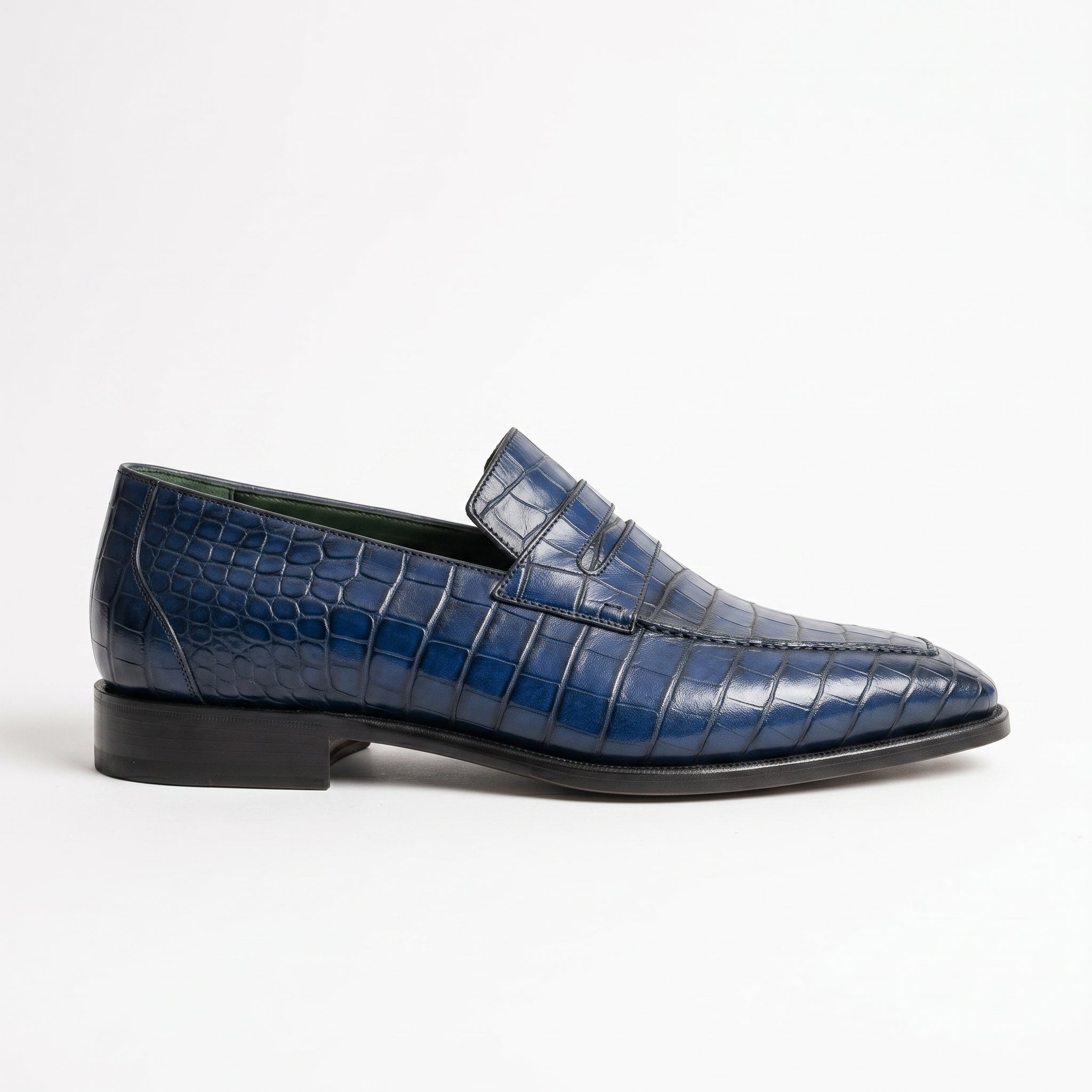 Blue Alligator-Embossed Leather Penny Loafers — Kingsley