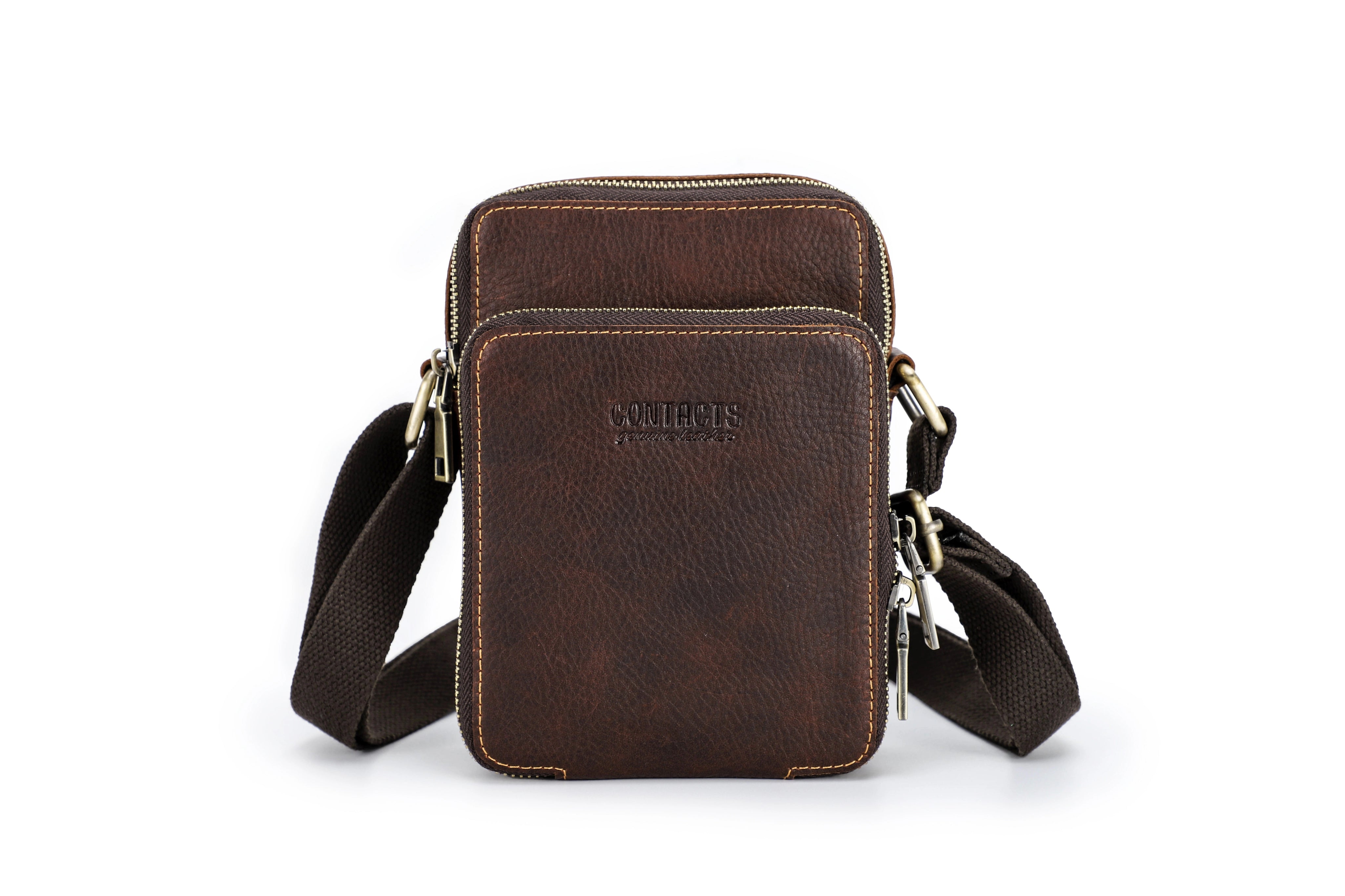 Men's Full Grain Leather Crossbody Phone Bag, Multi-Zipper Pouch for 6.7'' iPhone