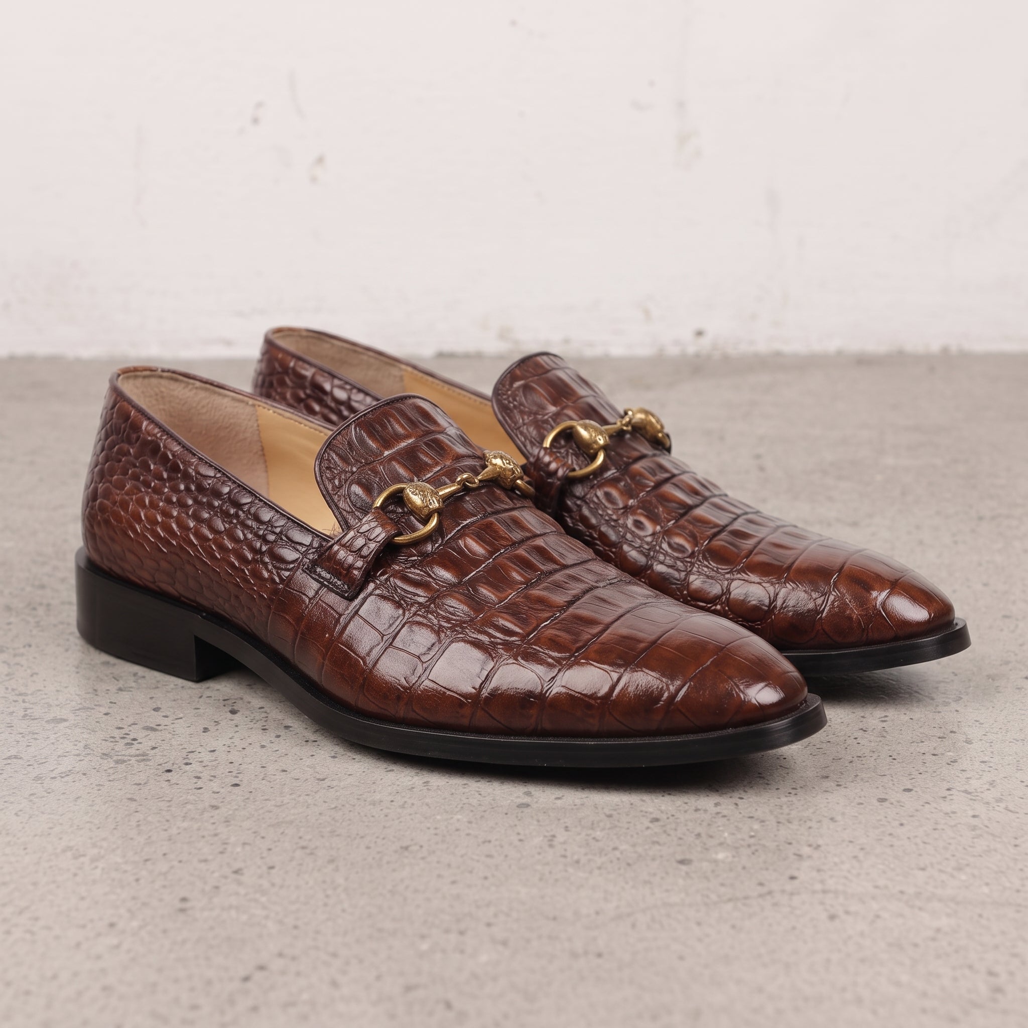 Brown Alligator-Embossed Leather Bit Loafers — Hartley