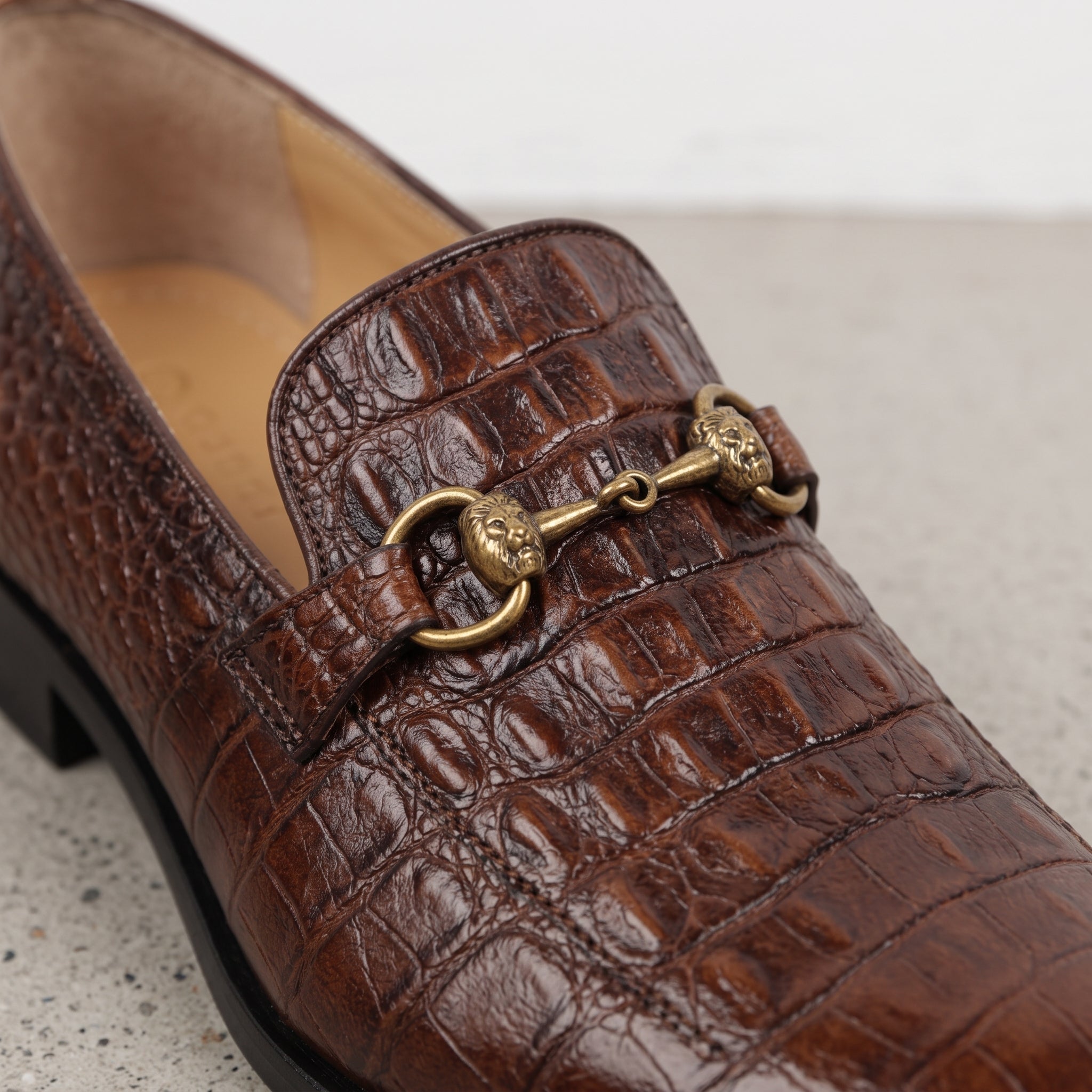 Brown Alligator-Embossed Leather Bit Loafers — Hartley