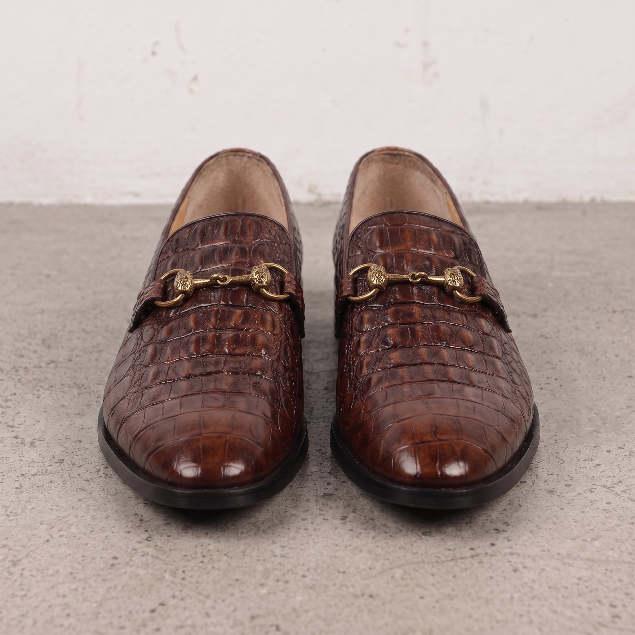 Brown Alligator-Embossed Leather Bit Loafers — Hartley