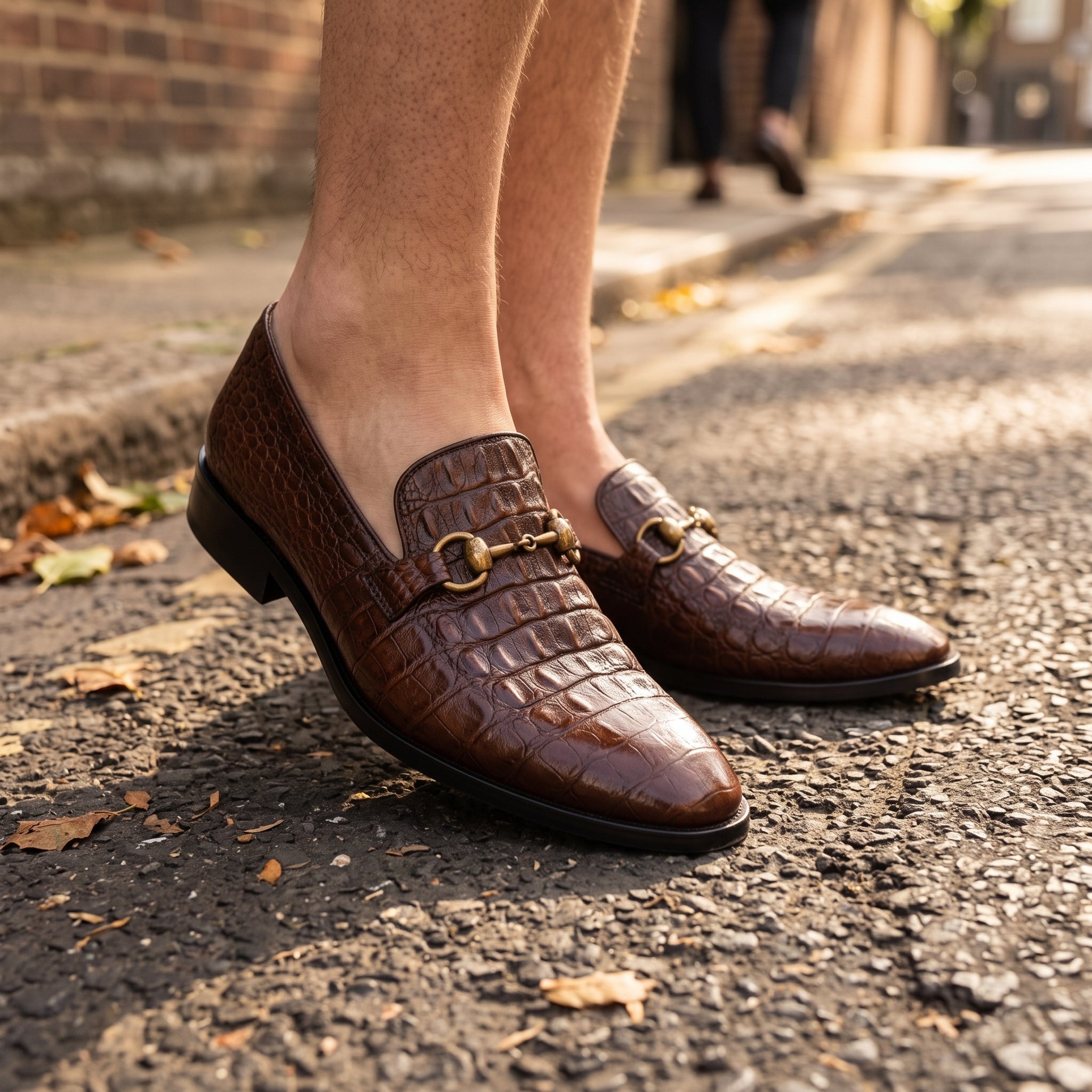 Brown Alligator-Embossed Leather Bit Loafers — Hartley
