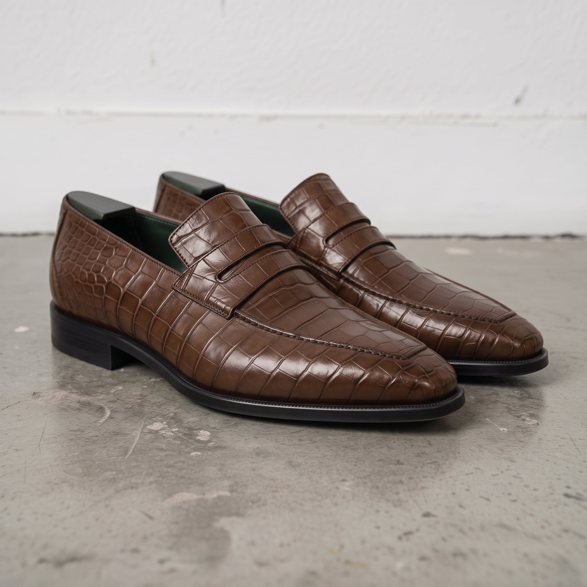 Brown Alligator-Embossed Leather Penny Loafers — Kingsley