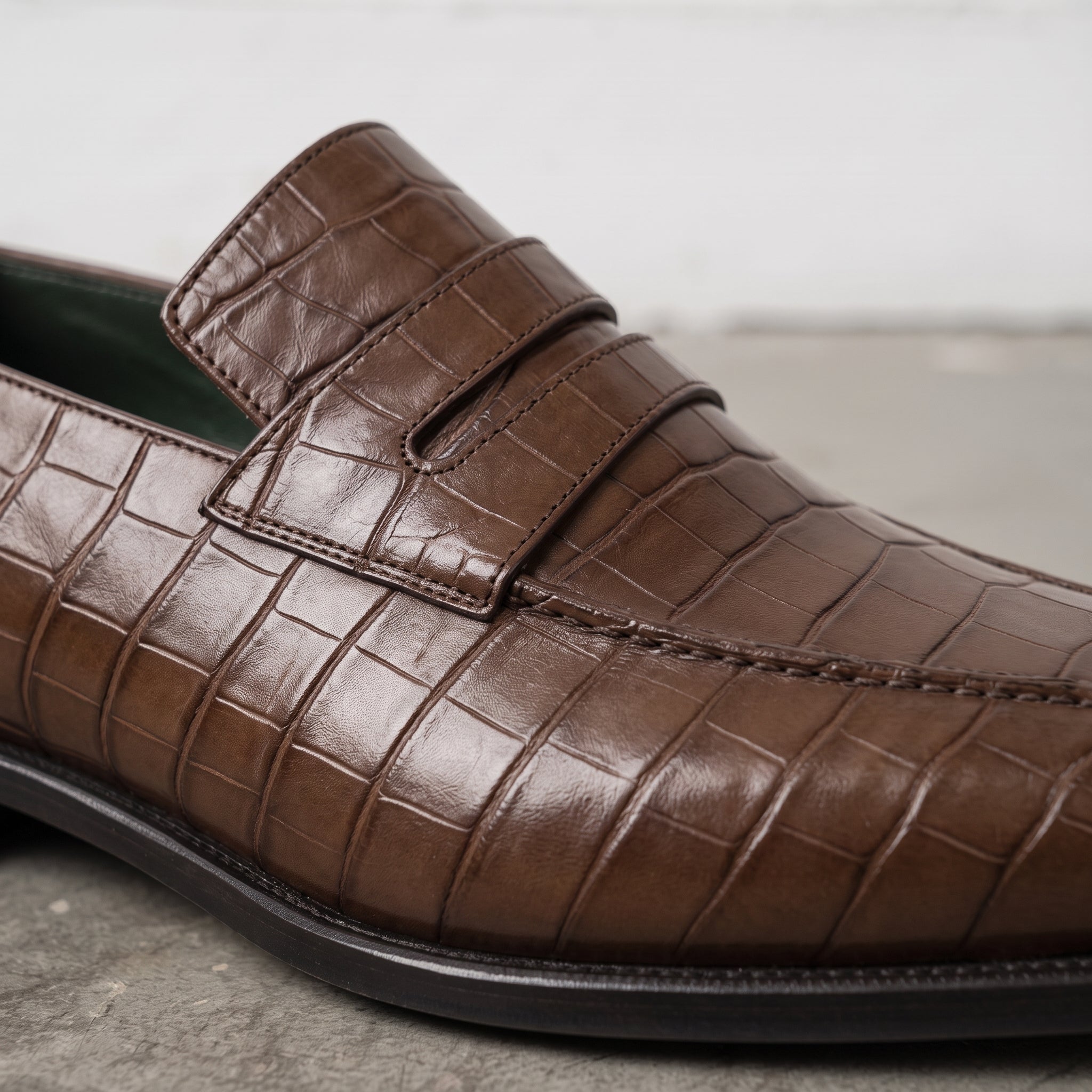 Brown Alligator-Embossed Leather Penny Loafers — Kingsley