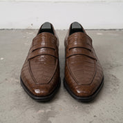 Brown Alligator-Embossed Leather Penny Loafers — Kingsley