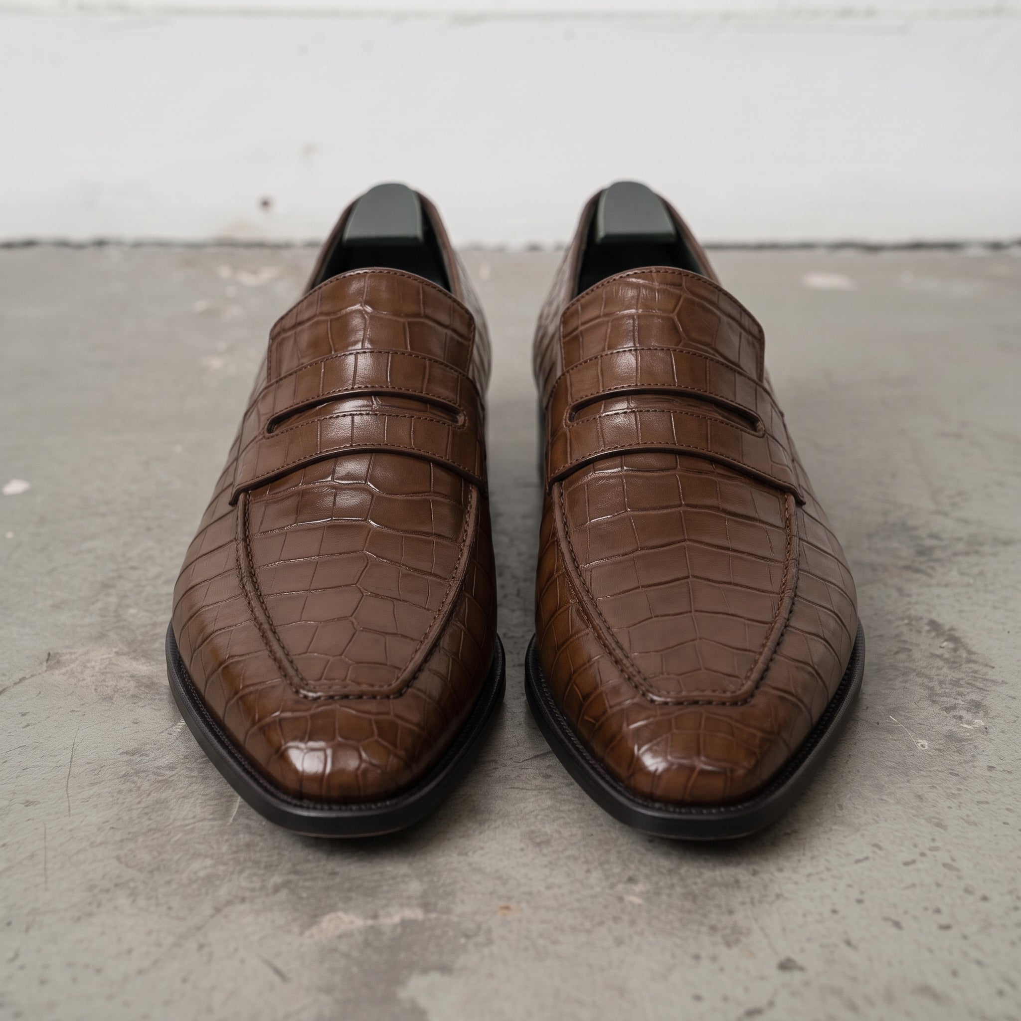 Brown Alligator-Embossed Leather Penny Loafers — Kingsley