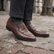 Brown Alligator-Embossed Leather Penny Loafers — Kingsley