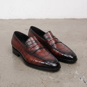 Brown and Black Crocodile-Embossed Leather Penny Loafers — Hinchley