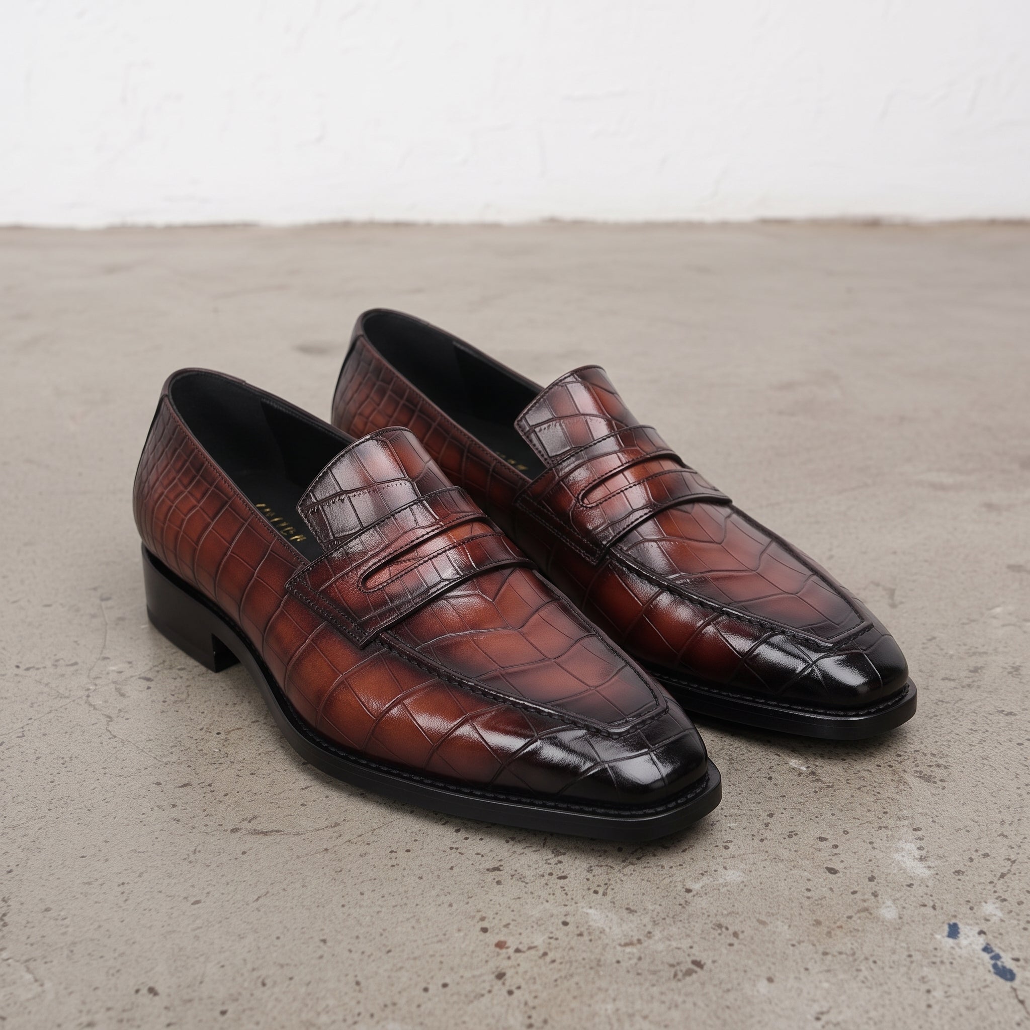 Brown and Black Crocodile-Embossed Leather Penny Loafers — Hinchley