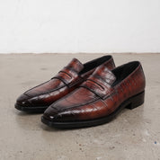 Brown and Black Crocodile-Embossed Leather Penny Loafers — Hinchley