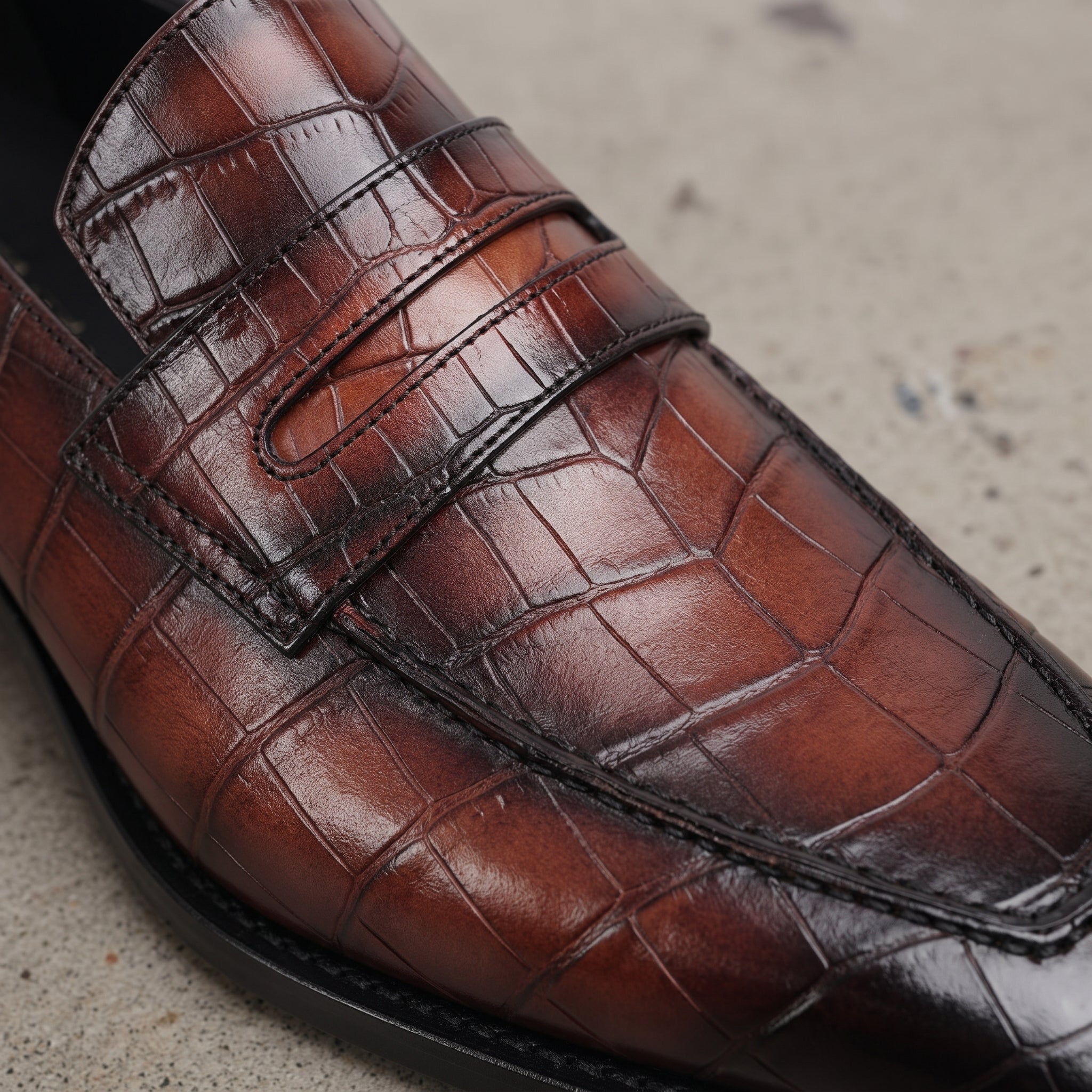 Brown and Black Crocodile-Embossed Leather Penny Loafers — Hinchley