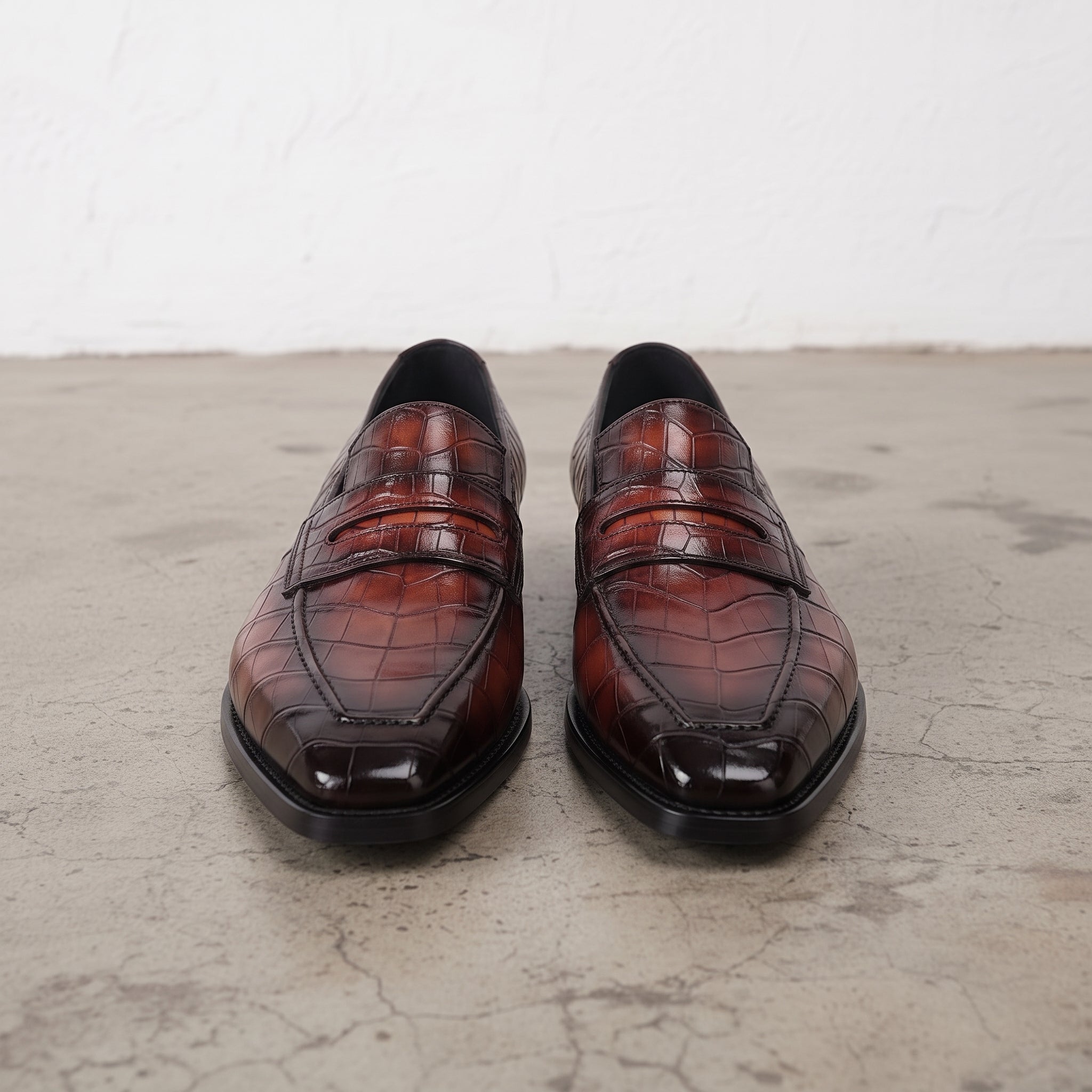 Brown and Black Crocodile-Embossed Leather Penny Loafers — Hinchley