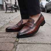 Brown and Black Crocodile-Embossed Leather Penny Loafers — Hinchley
