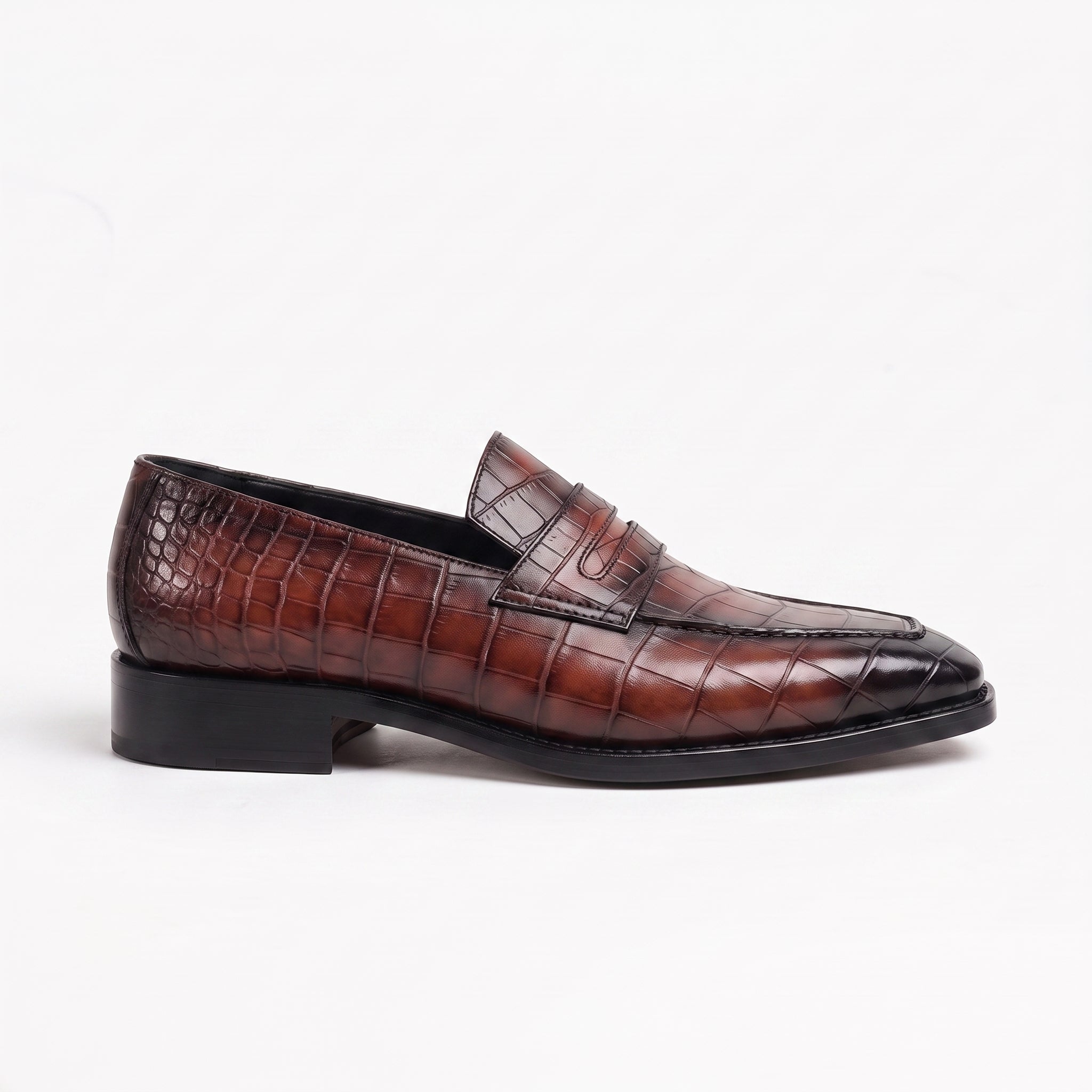 Brown and Black Crocodile-Embossed Leather Penny Loafers — Hinchley