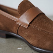 Brown and Tan Suede Apron-Toe Penny Loafers — Waltham — Waltham — Waltham