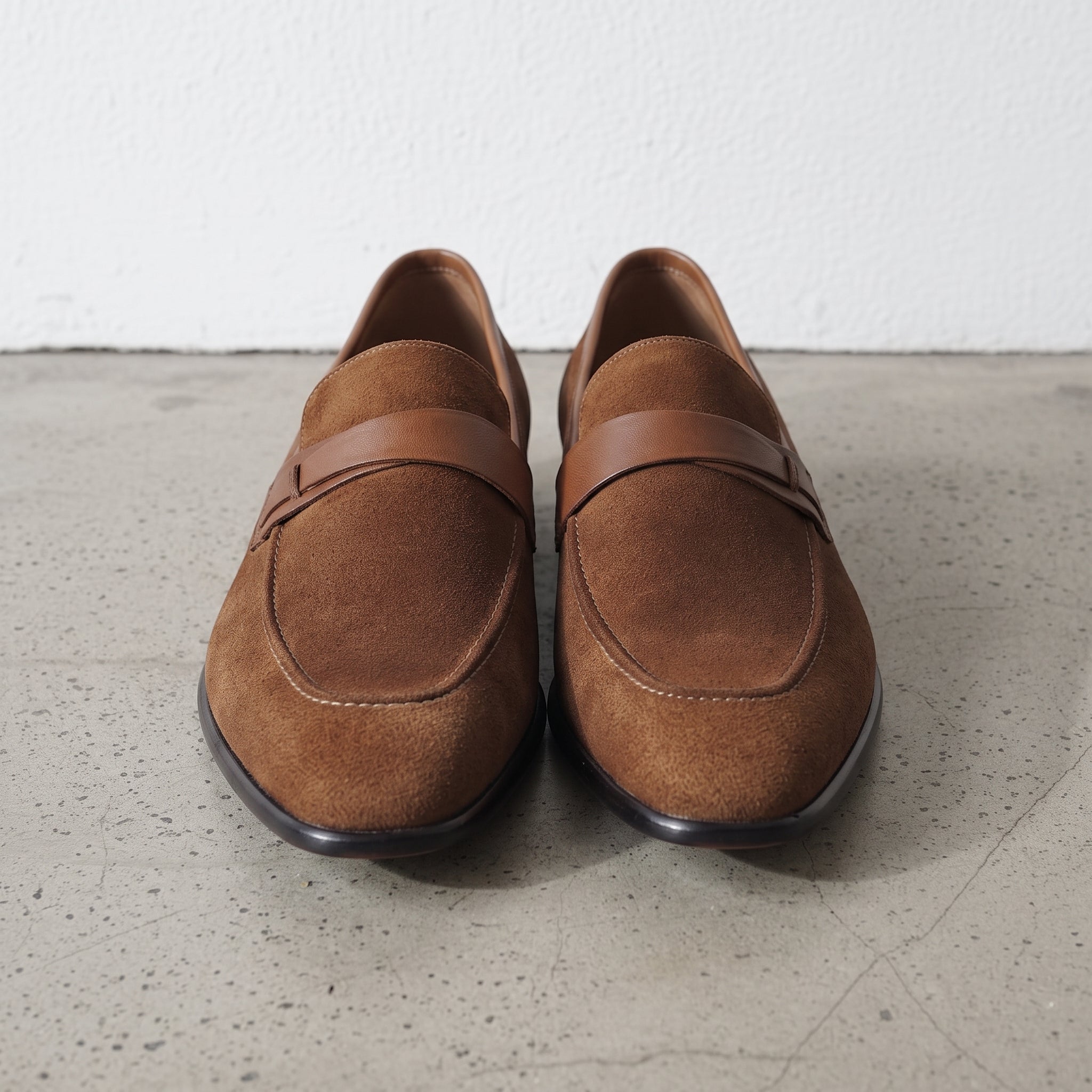 Brown and Tan Suede Apron-Toe Penny Loafers — Waltham — Waltham — Waltham