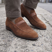Brown and Tan Suede Apron-Toe Penny Loafers — Waltham — Waltham — Waltham