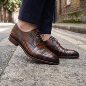 Brown Crocodile-Embossed Leather Cap-Toe Oxfords — Ayleson