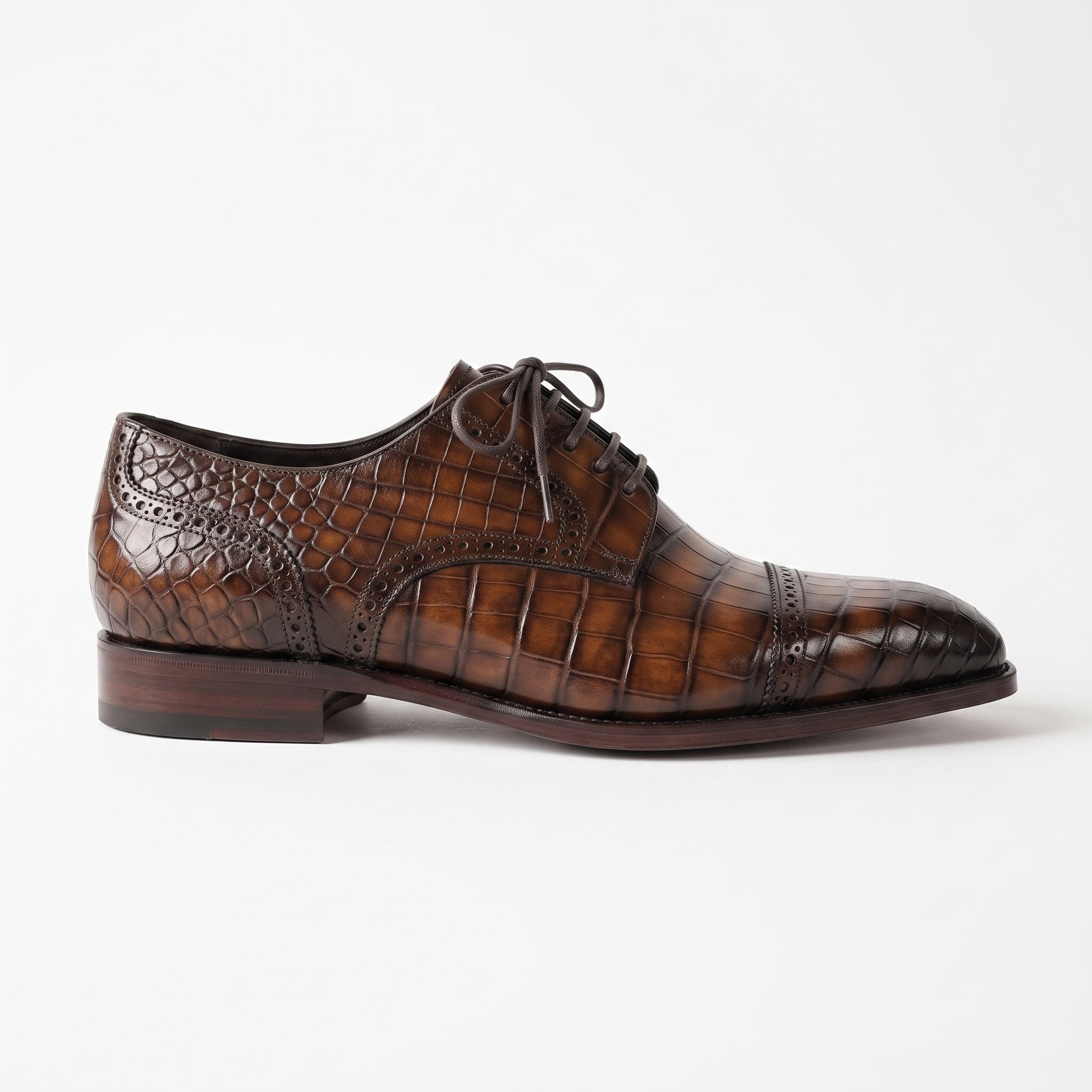 Brown Crocodile-Embossed Leather Cap-Toe Oxfords — Ayleson