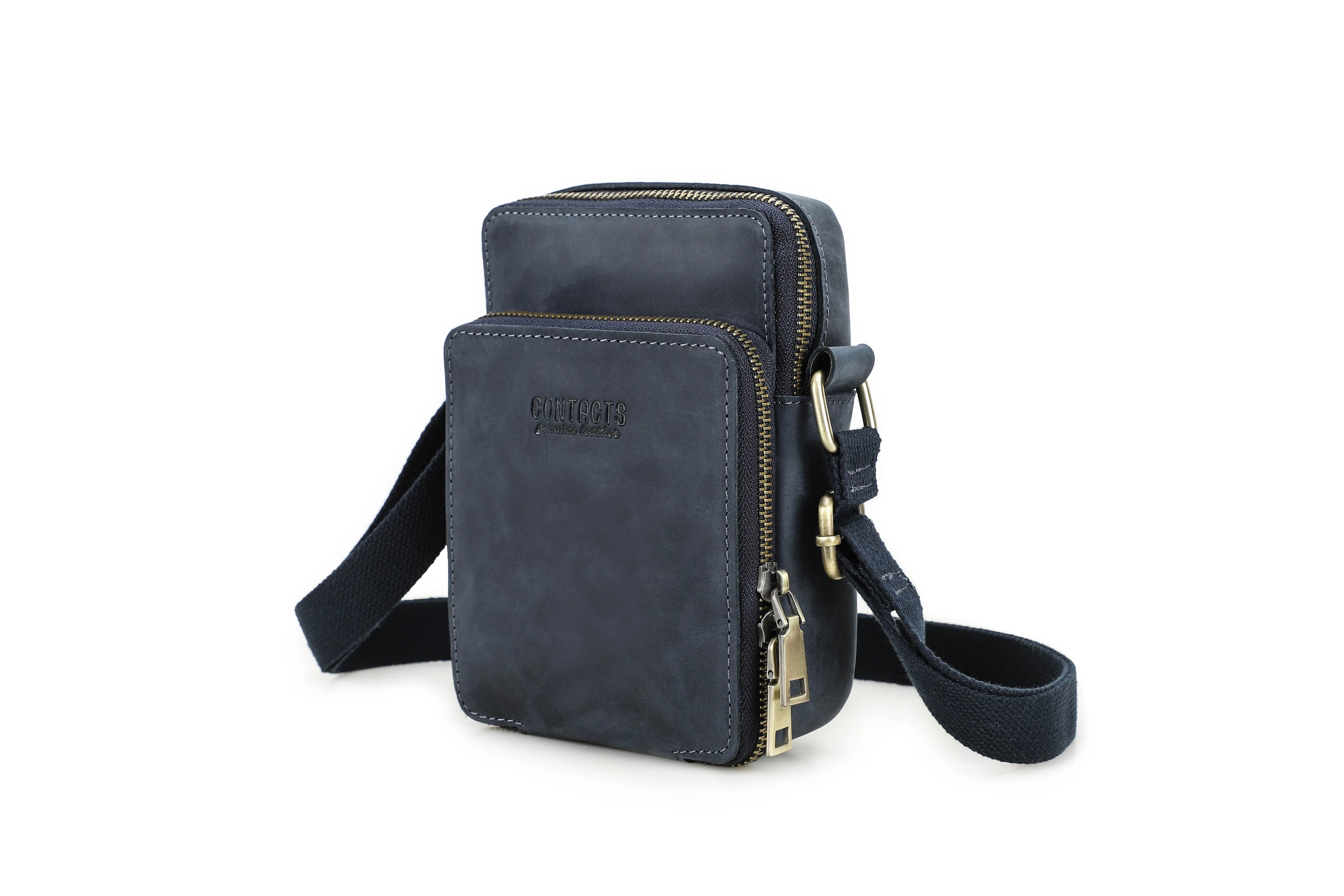 Men's Full Grain Leather Crossbody Phone Bag, Multi-Zipper Pouch for 6.7'' iPhone