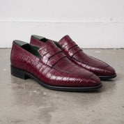 Burgundy Alligator-Embossed Leather Penny Loafers — Kingsley