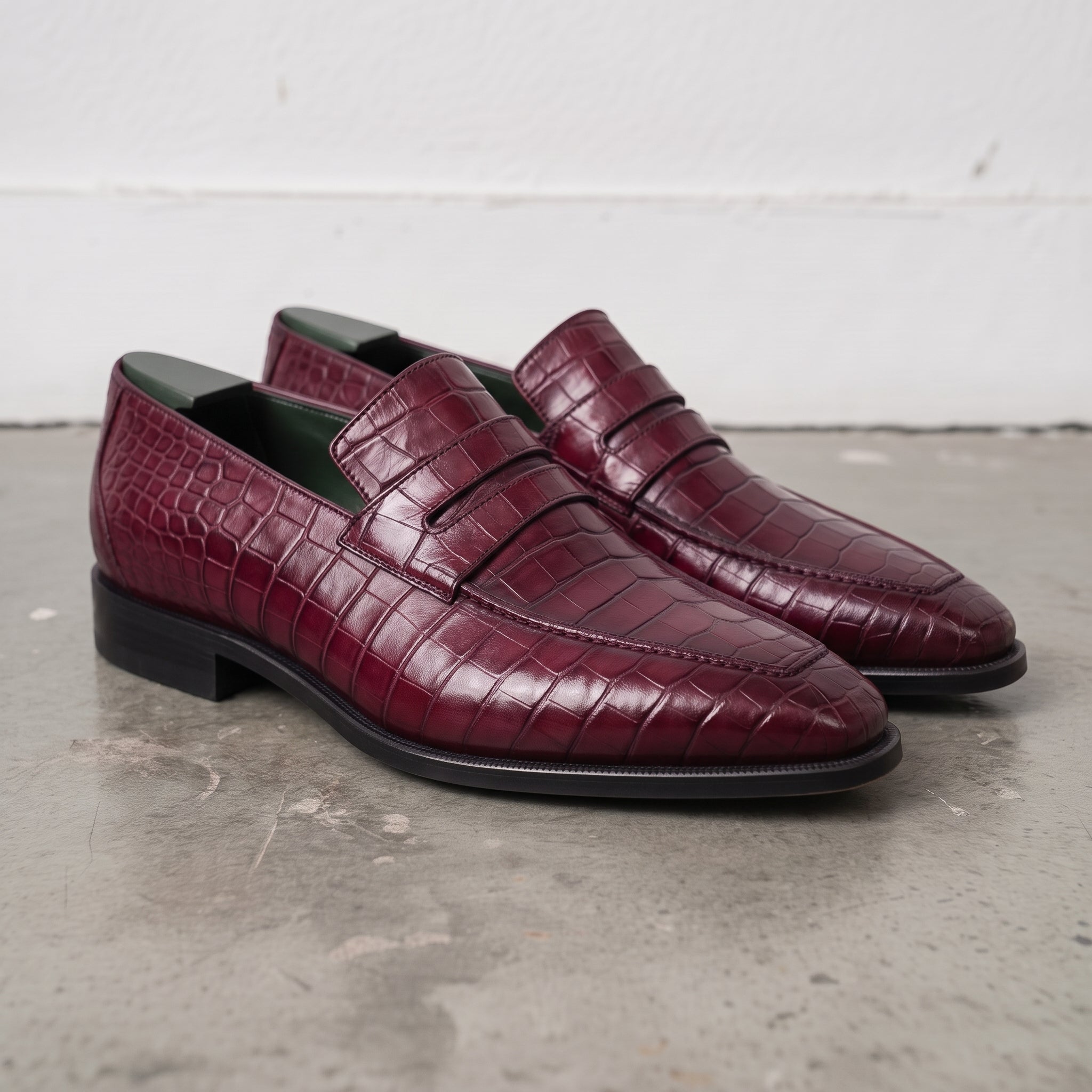 Burgundy Alligator-Embossed Leather Penny Loafers — Kingsley