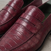 Burgundy Alligator-Embossed Leather Penny Loafers — Kingsley