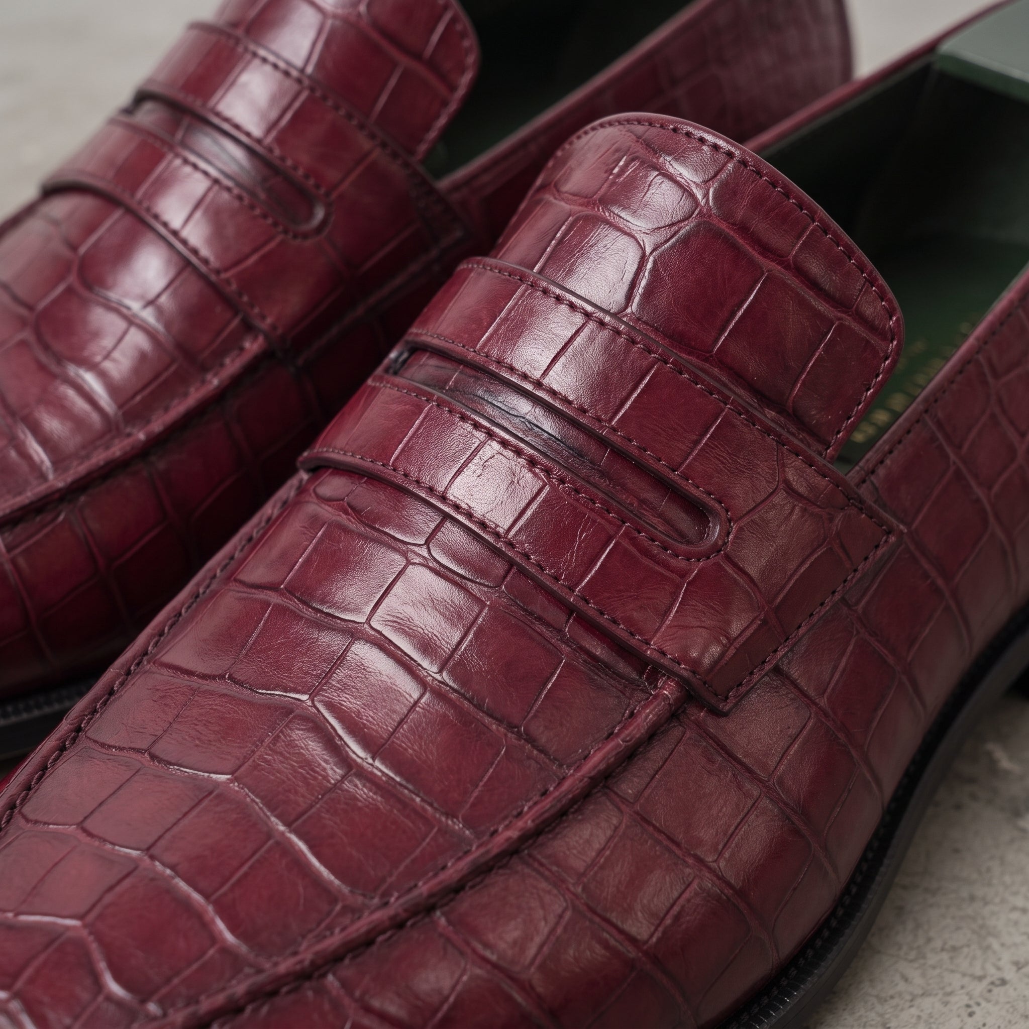 Burgundy Alligator-Embossed Leather Penny Loafers — Kingsley