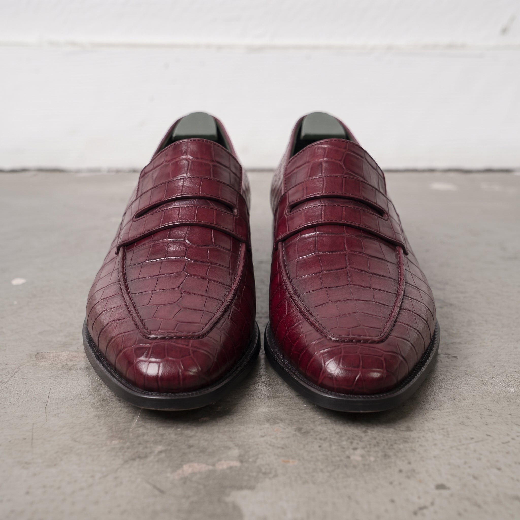 Burgundy Alligator-Embossed Leather Penny Loafers — Kingsley