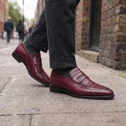 Burgundy Alligator-Embossed Leather Penny Loafers — Kingsley