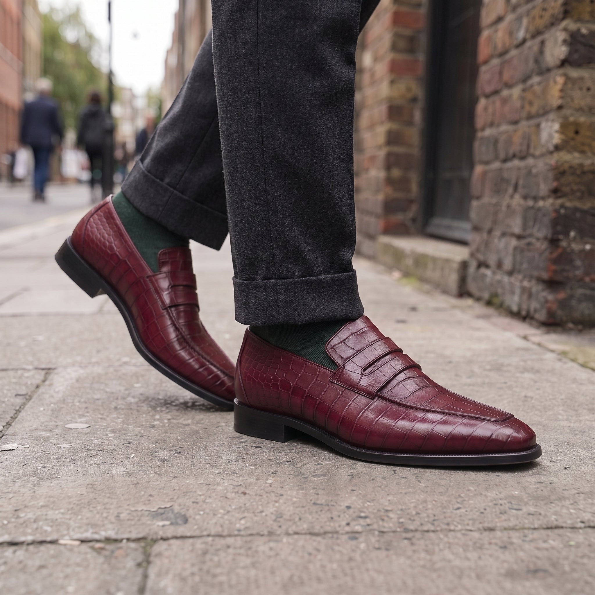 Burgundy Alligator-Embossed Leather Penny Loafers — Kingsley