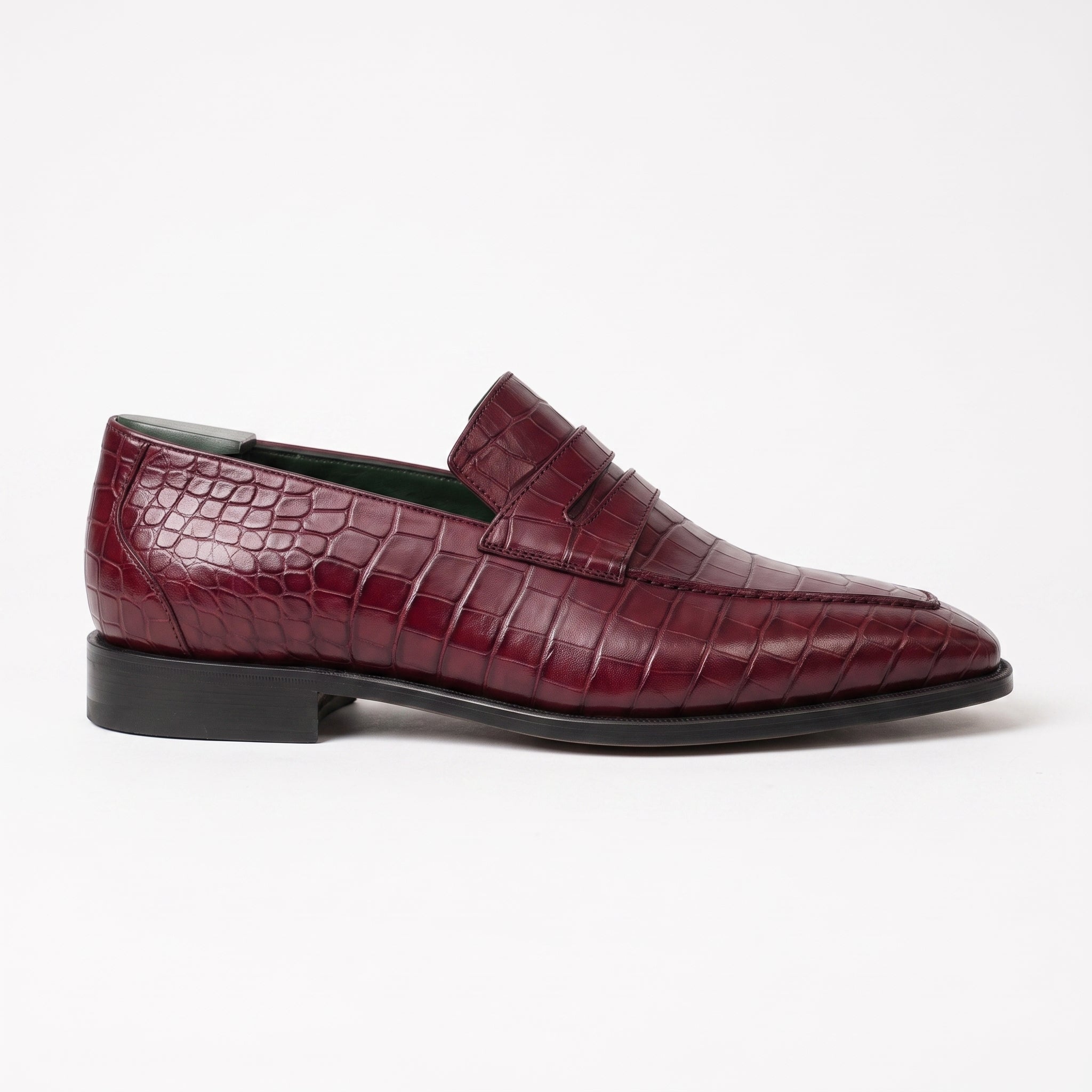 Burgundy Alligator-Embossed Leather Penny Loafers — Kingsley