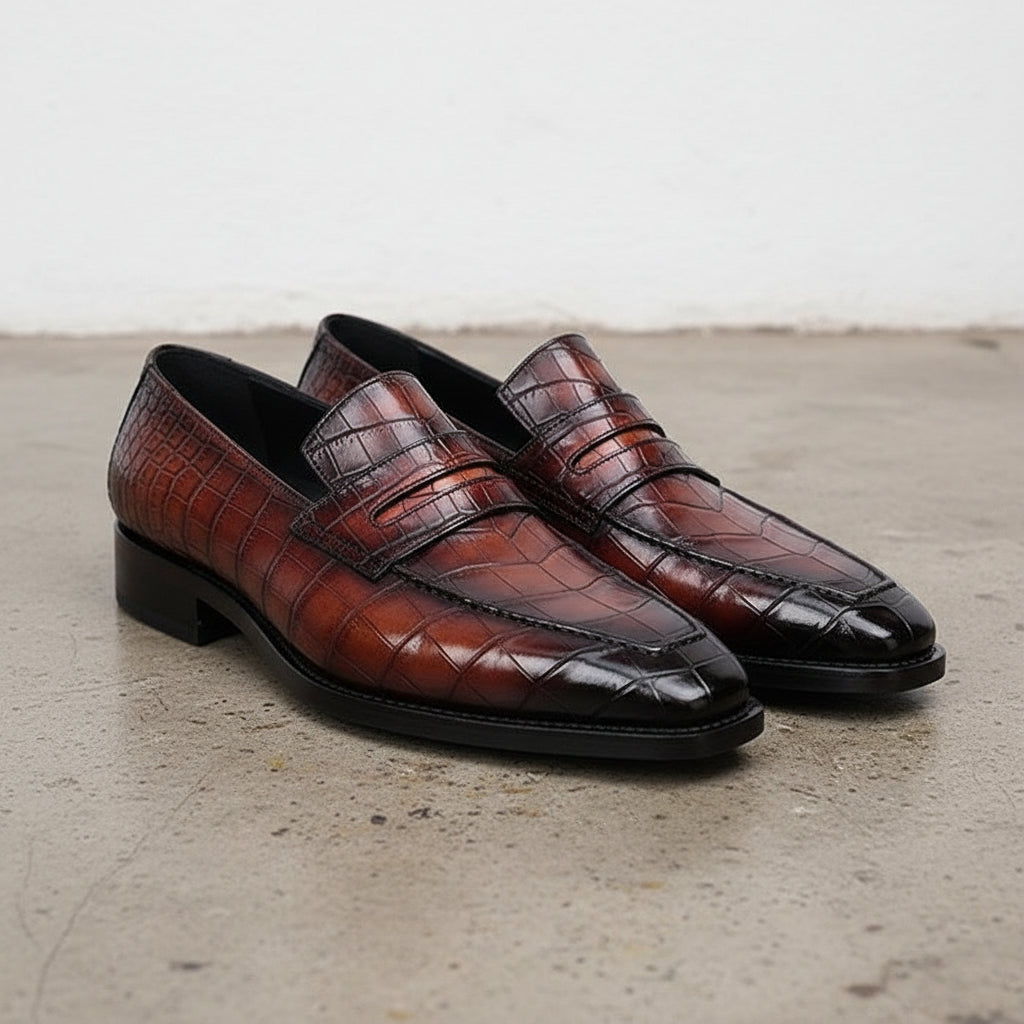 Burgundy Alligators pattern dress shoes for men, High end leather moccasins - angle-view-showing-depth