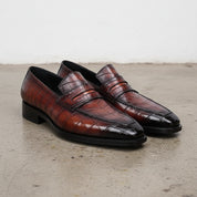 Burgundy Alligators pattern dress shoes for men, High end leather moccasins - angle-view-showing-depth