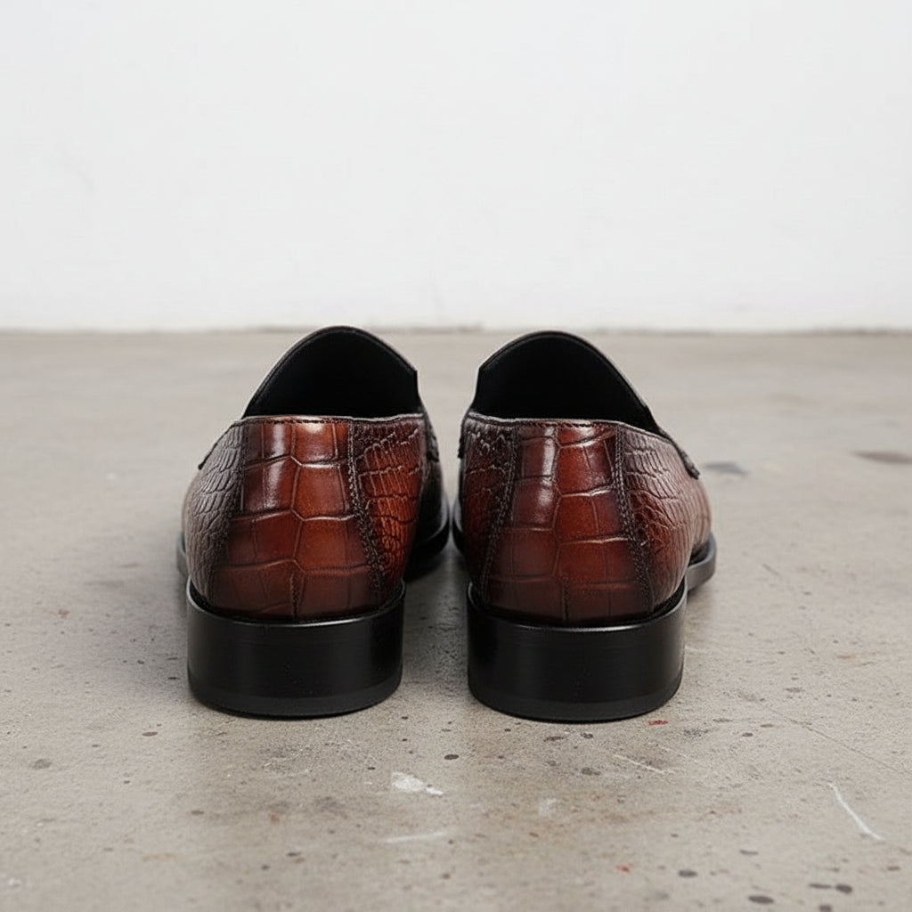 Burgundy Alligators pattern dress shoes for men, High end leather moccasins - back-view