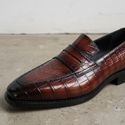 Burgundy Alligators pattern dress shoes for men, High end leather moccasins - detail-view-showing-texture