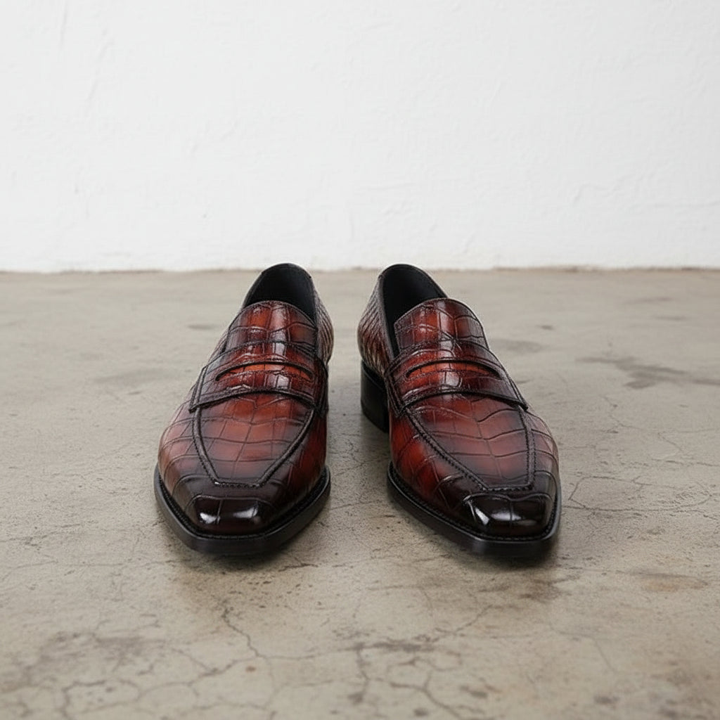 Burgundy Alligators pattern dress shoes for men, High end leather moccasins - front-view