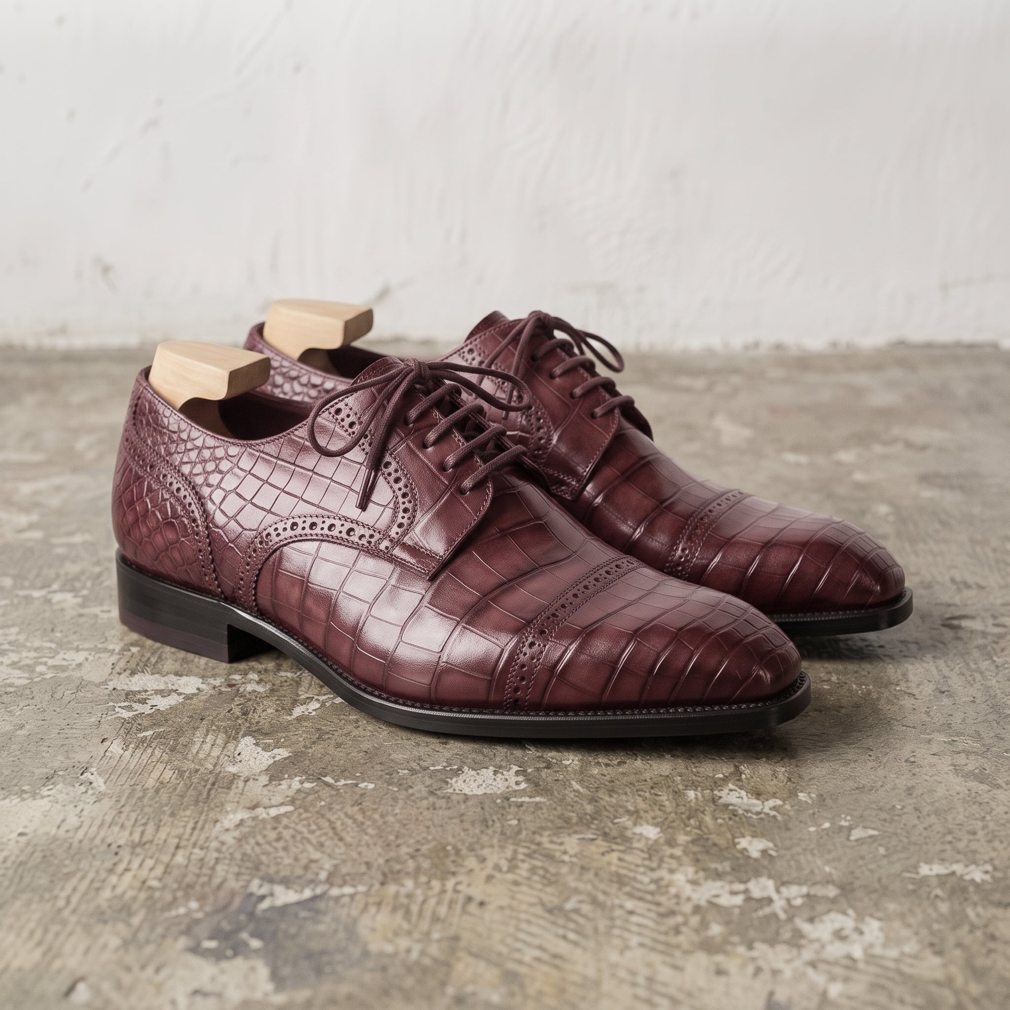 Burgundy Crocodile-Embossed Leather Cap-Toe Derbys — Ayleson