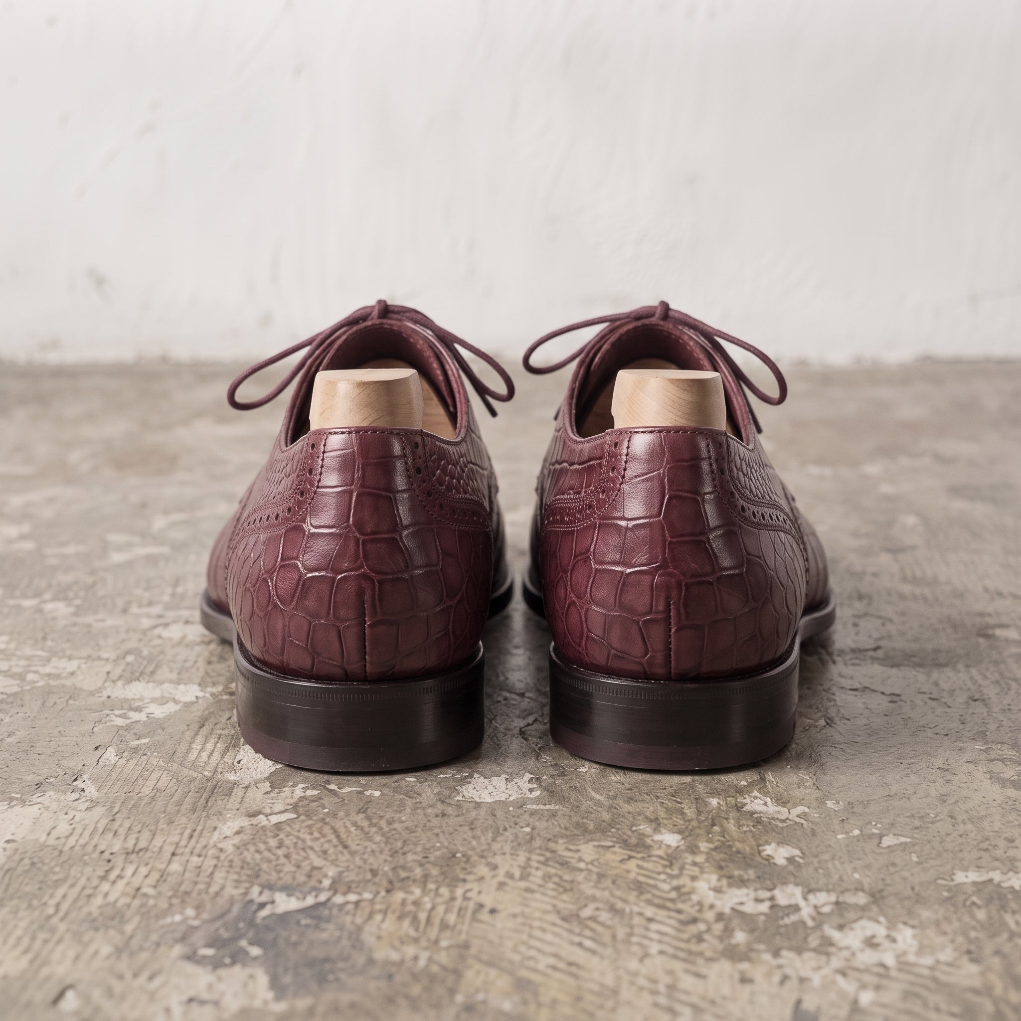 Burgundy Crocodile-Embossed Leather Cap-Toe Derbys — Ayleson