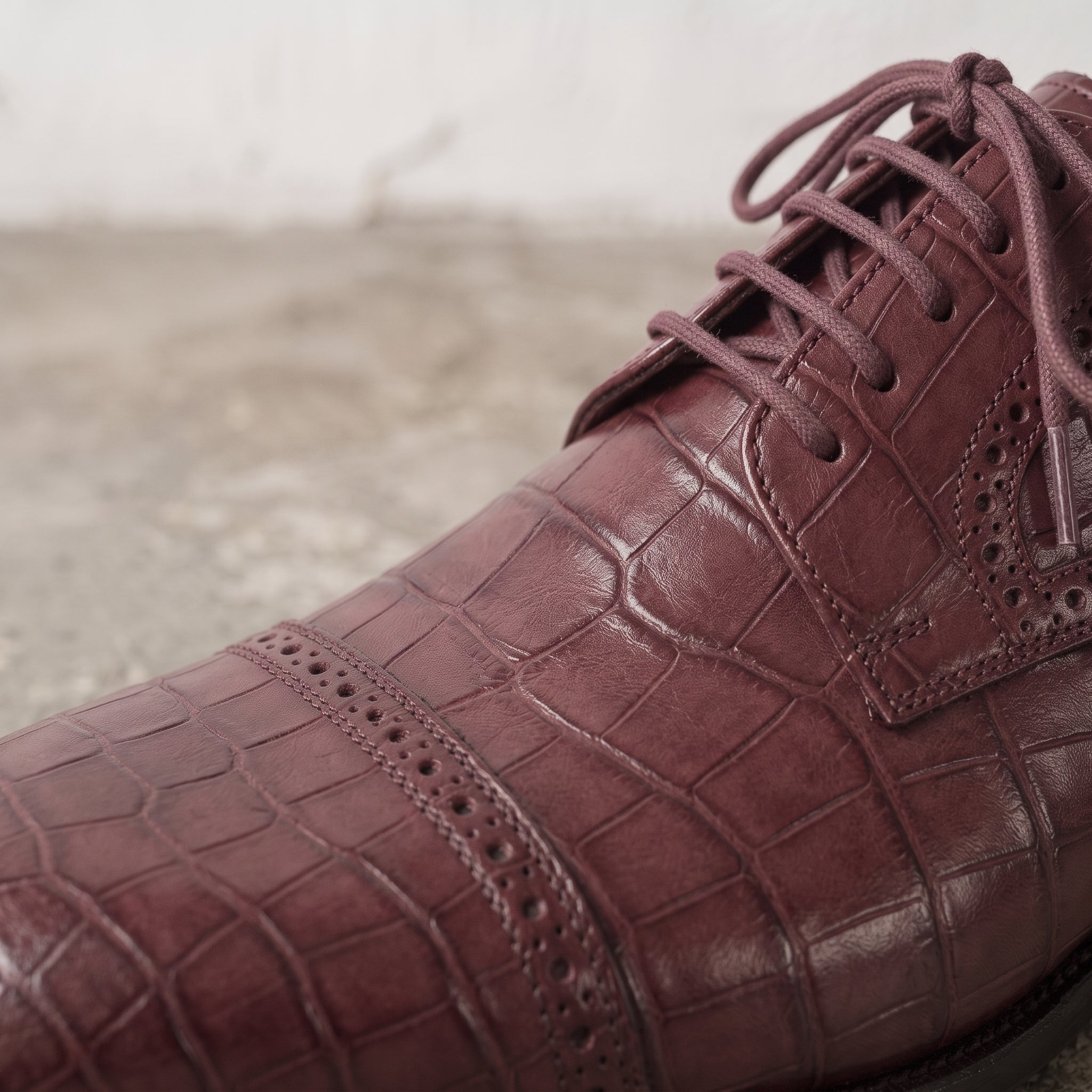 Burgundy Crocodile-Embossed Leather Cap-Toe Derbys — Ayleson